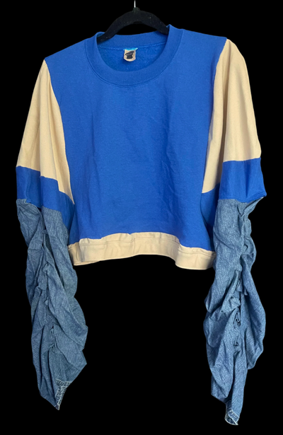 BLUE CREW NECK W/DENIM SLEEVES